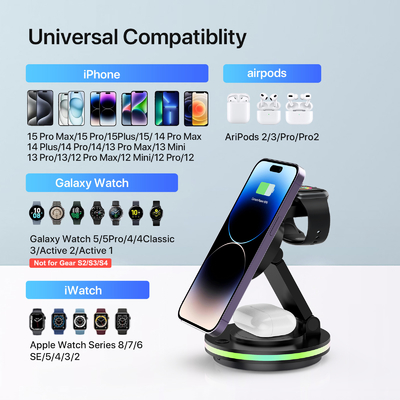 15W Fast Charger Foldable Wireless Charger Station Compatible with iPhone 15 14 13 12